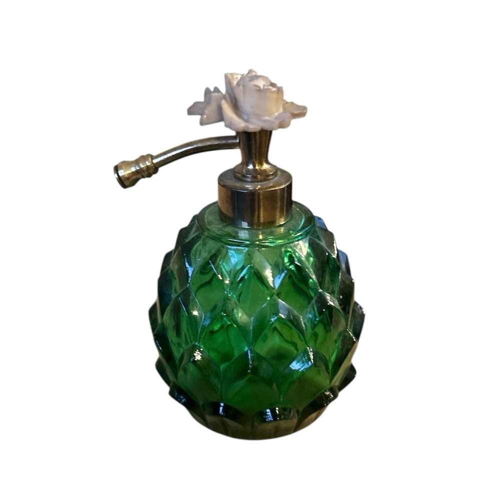 Vintage Antique Floral Green Glass Perfume Bottle
